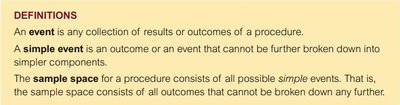 Definitions of event, simple event, and sample space