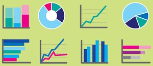 Examples of bar graphs, pie charts, and line graphs