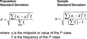 Population and sample standard deviation formulas for grouped data