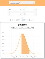 Normal distribution calculator output for body temperature interval
