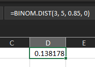 Excel calculation for P(3) with n=5, p=0.85