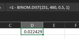 Excel calculation for probability of 252 or more wins in 460 games