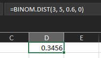Excel calculation for P(3) with n=5, p=0.6