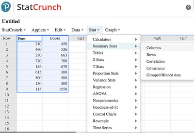StatCrunch menu for calculating summary statistics