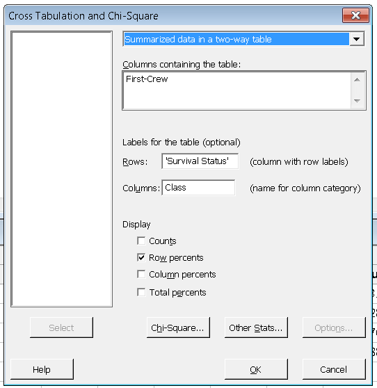 Cross Tabulation and Chi-Square dialog (row percents)