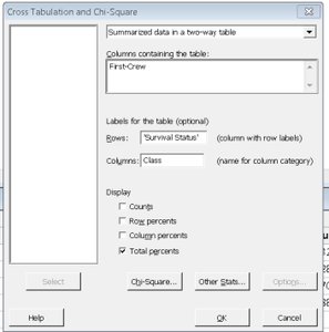 Cross Tabulation and Chi-Square dialog (total percents)