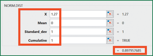 Excel calculation for NORM.S.DIST(1.27, TRUE)