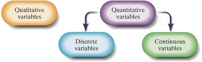 Diagram showing classification of variables: qualitative, quantitative, discrete, continuous