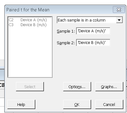 Minitab Paired t-test dialog box