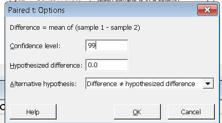 Minitab Paired t-test options dialog box