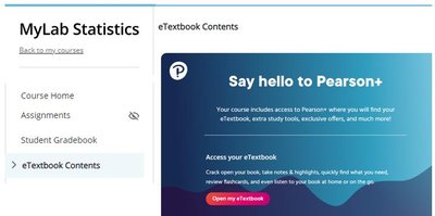 Screenshot of MyLab Statistics eTextbook access page