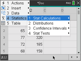 Spreadsheet with statistics menu
