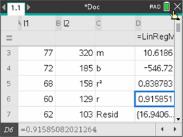 Spreadsheet showing calculated r value