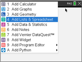 Menu for adding lists and spreadsheet