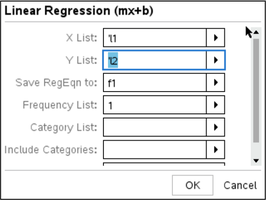 Linear regression input dialog