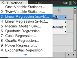Menu for selecting linear regression