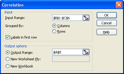 Excel correlation dialog box