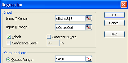 Excel regression dialog box