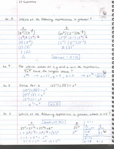 Notebook page with exponent comparison exercises
