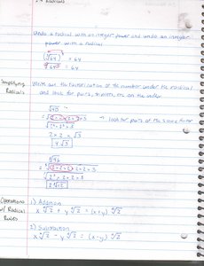Notebook page with simplifying radicals and operations