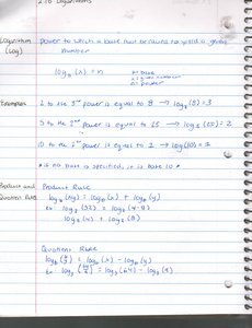 Notebook page with logarithm definition and rules