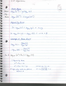 Notebook page with logarithm power, equality, and change of base rules