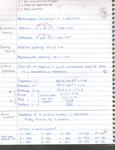 Notebook page with order of operations and prime numbers
