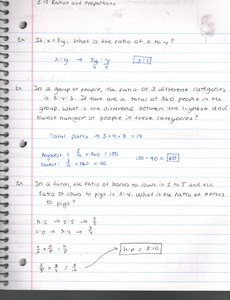 Notebook page with ratio and proportion exercises