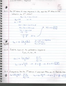 Notebook page with arithmetic sequence sum exercises