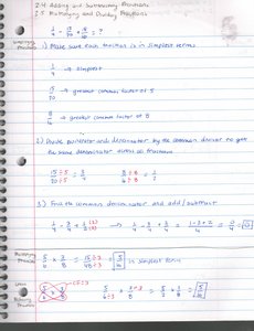 Notebook page with adding and subtracting fractions and multiplying fractions