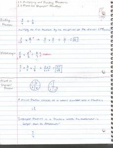 Notebook page with multiplying and dividing fractions and mixed numbers