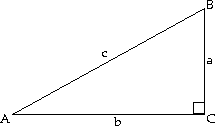 Right triangle labeled with sides a, b, c and angles A, B, C