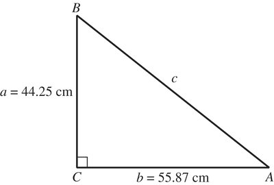 Right triangle with sides 44.25 cm and 55.87 cm