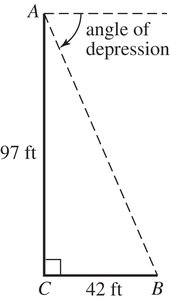 Right triangle with angle of depression and sides 97 ft and 42 ft
