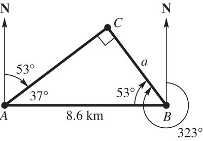 Triangle with sides and angles for navigation