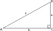 Right triangle labeled with sides a, b, c and angles A, B, C