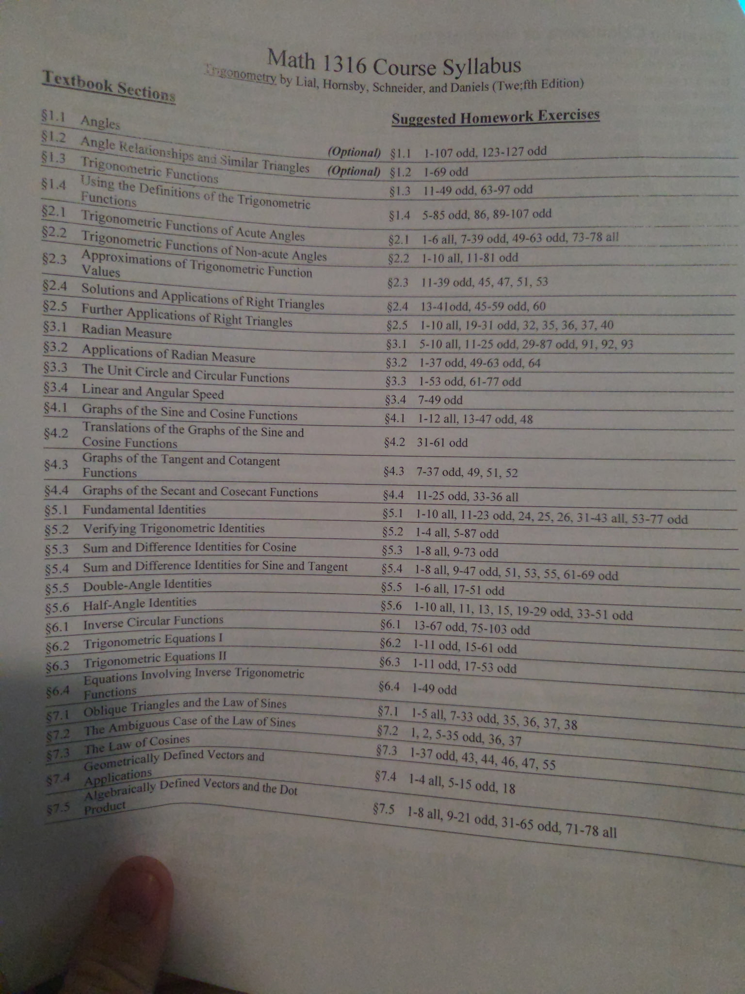 Math 1316 Course Syllabus textbook sections and homework assignments