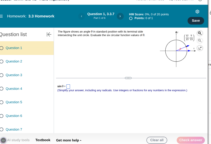 Unit circle with labeled coordinates