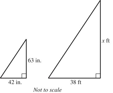 Two similar right triangles, one with sides 42 in. and 63 in., the other with sides 38 ft and x ft