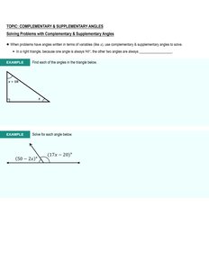 Solving for complementary and supplementary angles in triangles and linear pairs